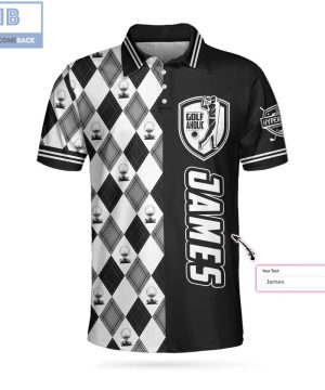 Personalized Golf Aholic Black And White Argyle Pattern Athletic Collared Men’s Polo Shirt