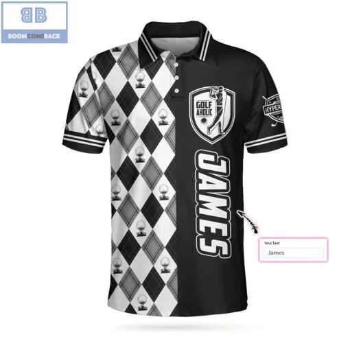 Personalized Golf Aholic Black And White Argyle Pattern Athletic Collared Men’s Polo Shirt