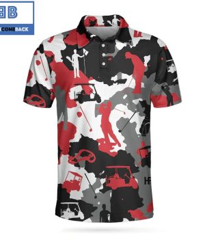 Red And White Camouflage Golf With Golfer Silhouette Athletic Collared Men's Polo Shirt