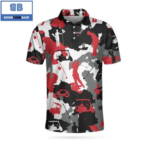 Red And White Camouflage Golf With Golfer Silhouette Athletic Collared Men’s Polo Shirt