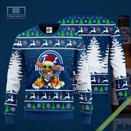 Baby Yoda Hug Pabst Blue Ribbon Ugly Christmas Sweater