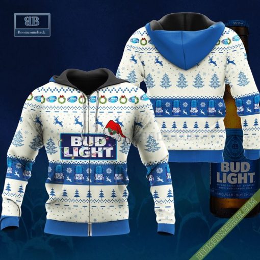 Bud Light Santa Hat Christmas Ugly Christmas Sweater Hoodie Zip Hoodie Bomber Jacket