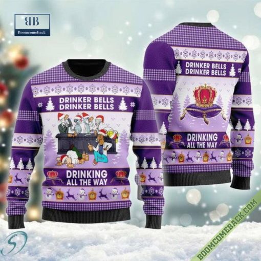 Cartoon Characters Drinker Bells Crown Royal Ugly Christmas Sweater