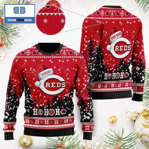 Cincinnati Reds Santa Claus Hat Ho Ho Ho 3D Custom Name Ugly Christmas Sweater