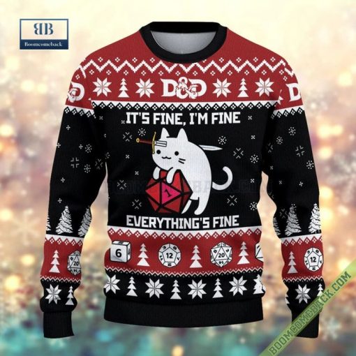 D&D Dragon Cat It’s Fine Everything Fine Ugly Christmas Sweater