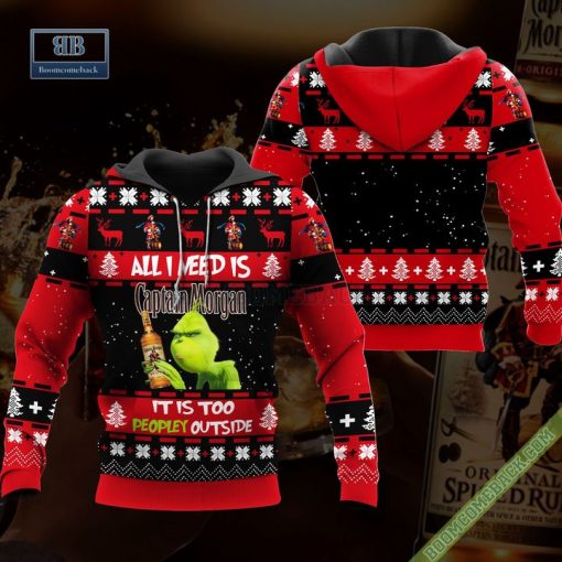 Grinch All I Need Is Captain Morgan It Is Too Peopley Outside Ugly Christmas Sweater Hoodie Zip Hoodie Bomber Jacket