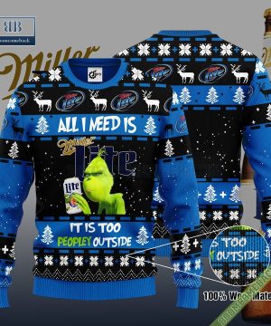 Grinch All I Need Is Miller Lite It Is Too Peopley Outside Ugly Christmas Sweater Hoodie Zip Hoodie Bomber Jacket