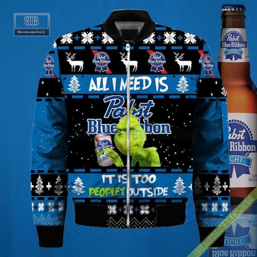 Grinch All I Need Is Pabst Blue Ribbon It Is Too Peopley Outside Ugly Christmas Sweater Hoodie Zip Hoodie Bomber Jacket