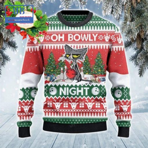 Grumpy Cat Bowling Oh Bowly Night Ugly Christmas Sweater