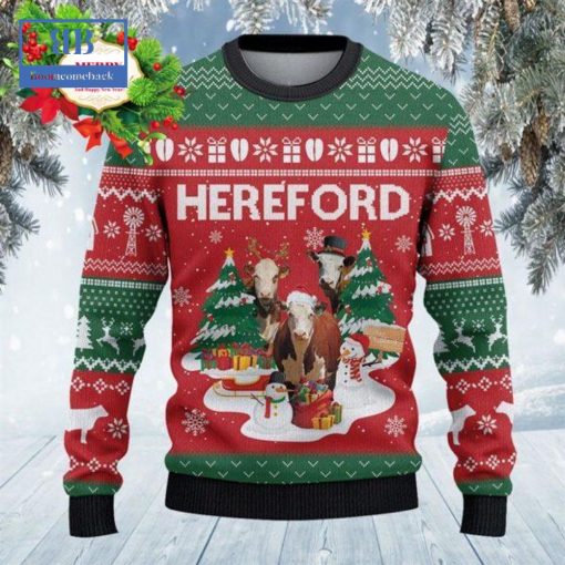 Hereford Cattle Christmas Tree Snowman Style 1 Ugly Christmas Sweater