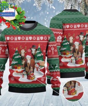 Hereford Cattle Christmas Tree Snowman Style 2 Ugly Christmas Sweater