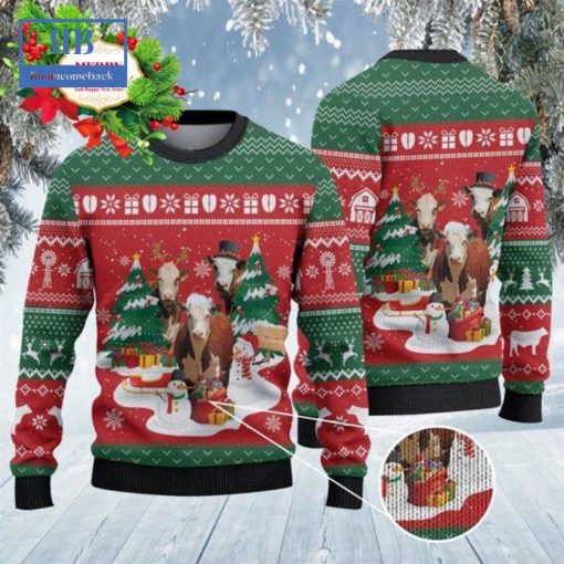 Hereford Cattle Christmas Tree Snowman Style 2 Ugly Christmas Sweater