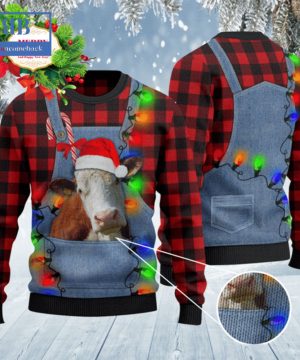 Hereford Cattle Denim Bib Overalls Ugly Christmas Sweater