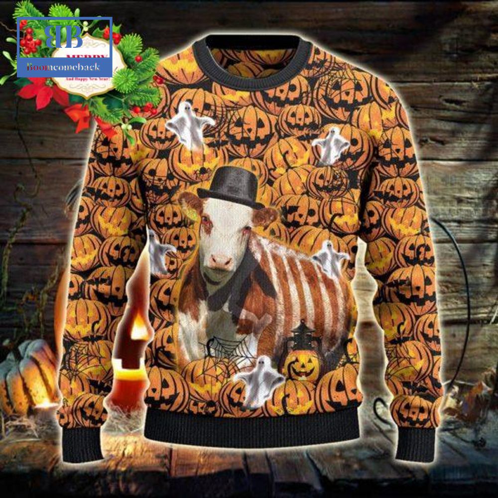 Hereford Cattle Halloween Pumpkin Ugly Christmas Sweater Hereford Cattle Halloween Pumpkin Ugly Christmas Sweater