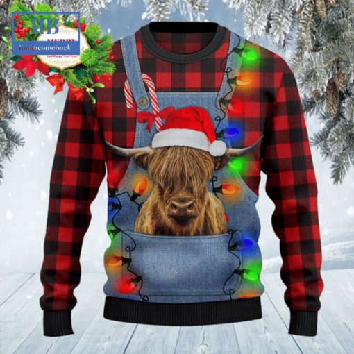 Highland Cattle Denim Bib Overalls Ugly Christmas Sweater