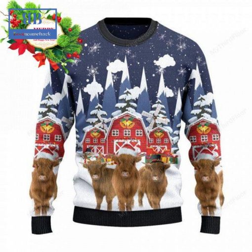 Highland Cattle Snow Farm Ugly Christmas Sweater