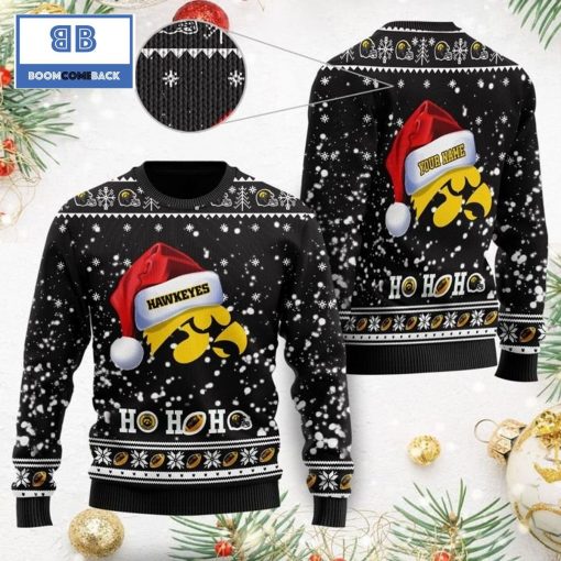 Iowa Hawkeyes NCAA Santa Claus Hat Ho Ho Ho 3D Custom Name Ugly Christmas Sweater