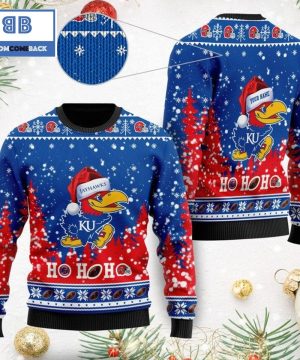 kansas jayhawks ncaa santa claus hat ho ho ho 3d custom name ugly christmas sweater 2 NCrlt