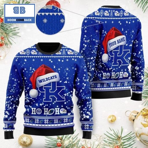 Kentucky Wildcats NCAA Santa Claus Hat Ho Ho Ho 3D Custom Name Ugly Christmas Sweater