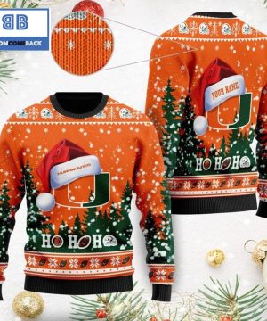 Miami Hurricanes NCAA Santa Claus Hat Ho Ho Ho 3D Custom Name Ugly Christmas Sweater