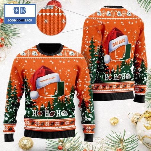 Miami Hurricanes NCAA Santa Claus Hat Ho Ho Ho 3D Custom Name Ugly Christmas Sweater