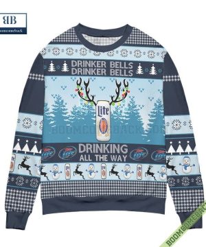 Miller Lite Drinker Bells Drinking All The Way Ugly Christmas Sweater