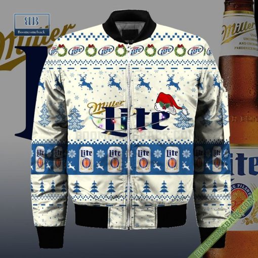 Miller Lite Santa Hat Christmas Ugly Christmas Sweater Hoodie Zip Hoodie Bomber Jacket