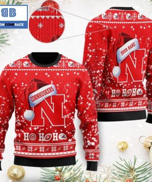 Nebraska Cornhuskers NCAA Santa Claus Hat Ho Ho Ho 3D Custom Name Ugly Christmas Sweater