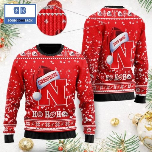 Nebraska Cornhuskers NCAA Santa Claus Hat Ho Ho Ho 3D Custom Name Ugly Christmas Sweater