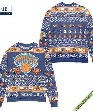 New York Knicks Basketball Team Reindeer Pattern Ugly Christmas Sweater