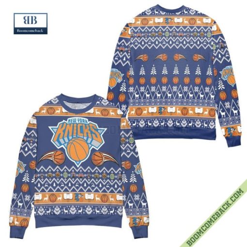 New York Knicks Basketball Team Reindeer Pattern Ugly Christmas Sweater