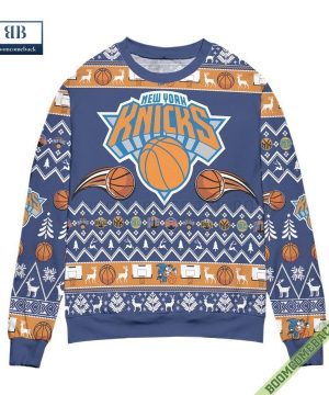 New York Knicks Basketball Team Reindeer Pattern Ugly Christmas Sweater