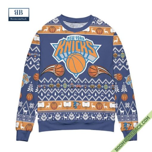 New York Knicks Basketball Team Reindeer Pattern Ugly Christmas Sweater