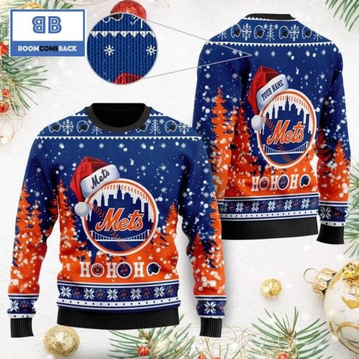 New York Mets Santa Claus Hat Ho Ho Ho 3D Custom Name Ugly Christmas Sweater