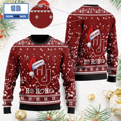 Oklahoma Sooners NCAA Santa Claus Hat Ho Ho Ho 3D Custom Name Ugly Christmas Sweater