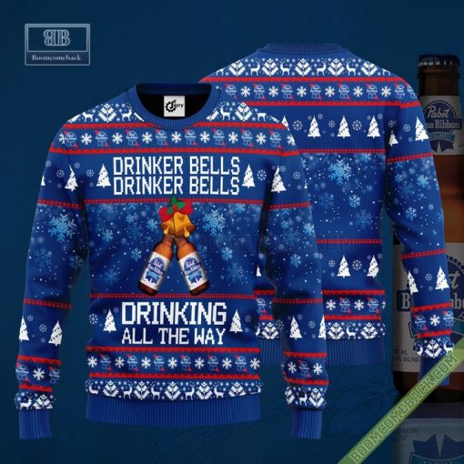 Pabst Blue Ribbon Drinker Bells Drinker Bells Drinking All The Way Ugly Christmas Sweater