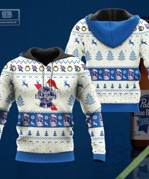 Pabst Blue Ribbon Santa Hat Christmas Ugly Christmas Sweater Hoodie Zip Hoodie Bomber Jacket