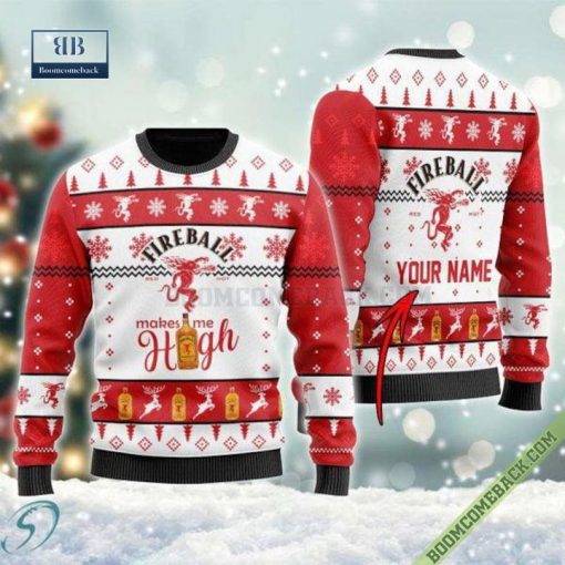 Personalized Fireball Whisky Makes Me High Christmas Ugly Sweater