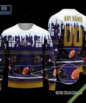 Pesonalized Baltimore Ravens Snow Custom Name And Number Ugly Christmas Sweater