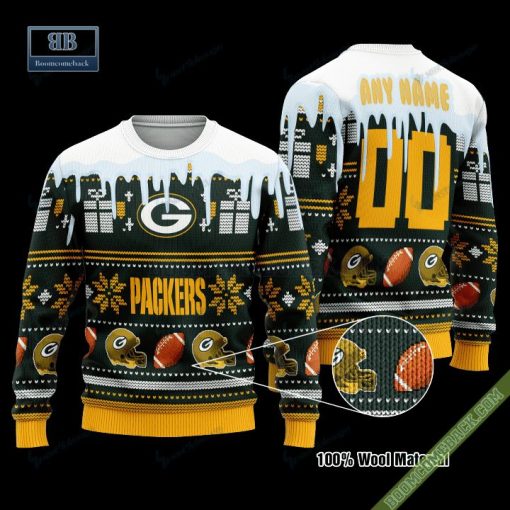 Pesonalized Green Bay Packers Snow Custom Name And Number Ugly Christmas Sweater