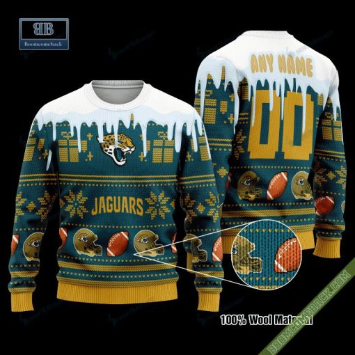 Pesonalized Jacksonville Jaguars Snow Custom Name And Number Ugly Christmas Sweater