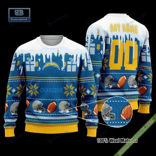 Pesonalized Los Angeles Chargers Snow Custom Name And Number Ugly Christmas Sweater