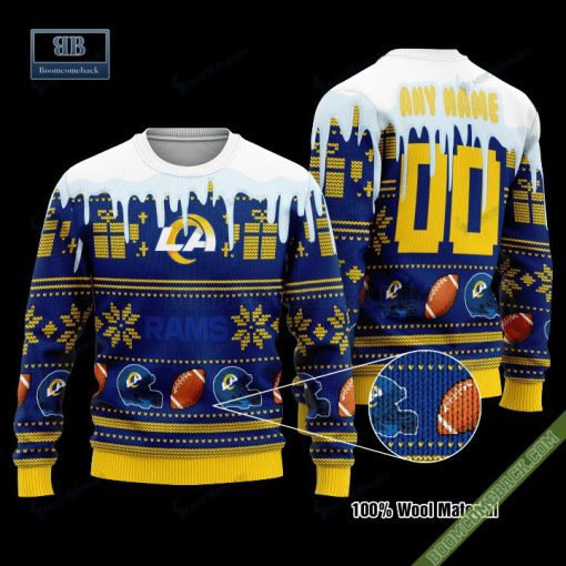 Pesonalized Los Angeles Rams Snow Custom Name And Number Ugly Christmas Sweater