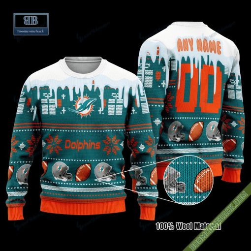 Pesonalized Miami Dolphins Snow Custom Name And Number Ugly Christmas Sweater