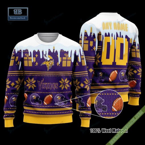 Pesonalized Minnesota Vikings Snow Custom Name And Number Ugly Christmas Sweater