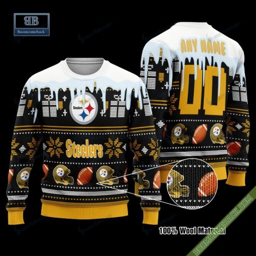 Pesonalized Pittsburgh Steelers Snow Custom Name And Number Ugly Christmas Sweater