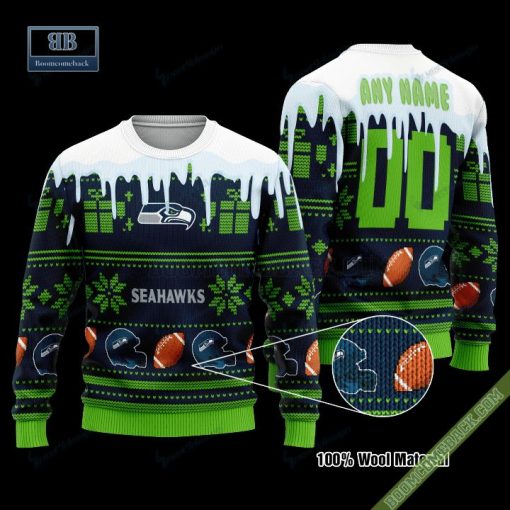 Pesonalized Seattle Seahawks Snow Custom Name And Number Ugly Christmas Sweater