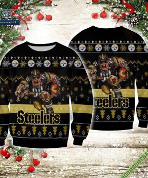 Pittsburgh Steelers Steely McBeam Mascot Rushing Ugly Sweater