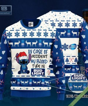 Stitch In Case Of Accident My Blood Type Is Bud Light Ugly Christmas Sweater Hoodie Zip Hoodie Bomber Jacket