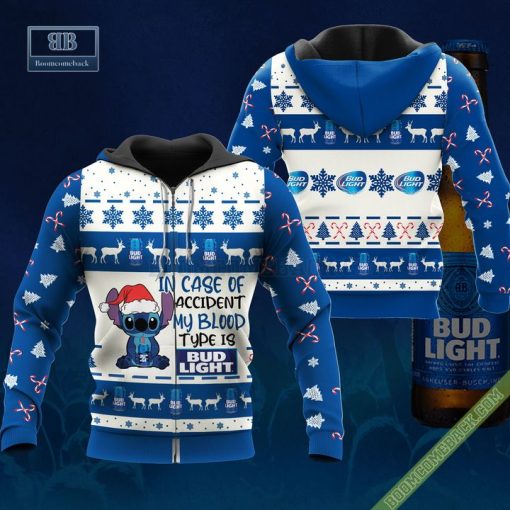 Stitch In Case Of Accident My Blood Type Is Bud Light Ugly Christmas Sweater Hoodie Zip Hoodie Bomber Jacket